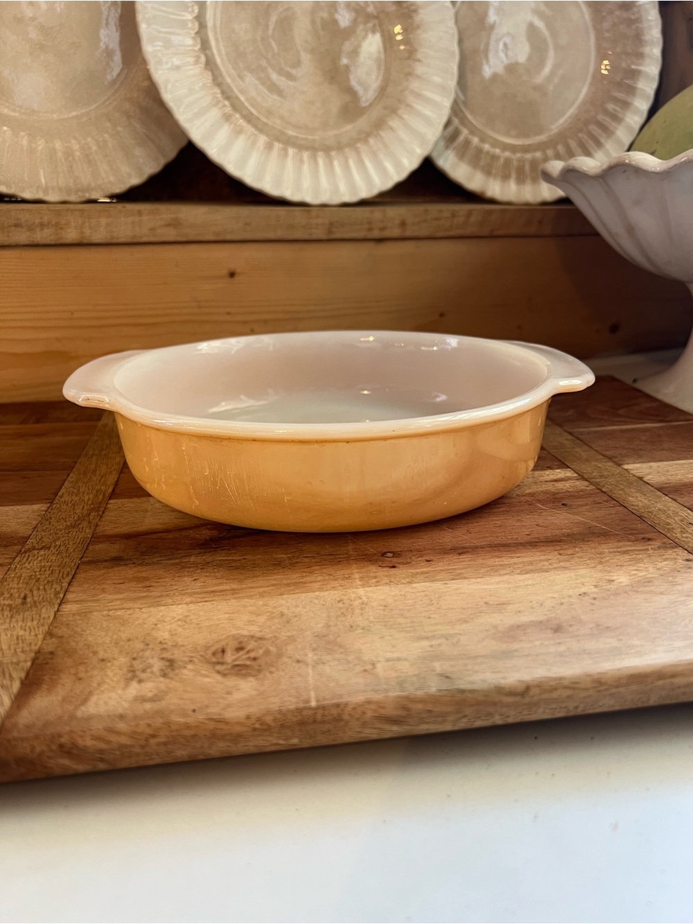 Vintage fire king peach luster cake pan round bakeware grandma core decor